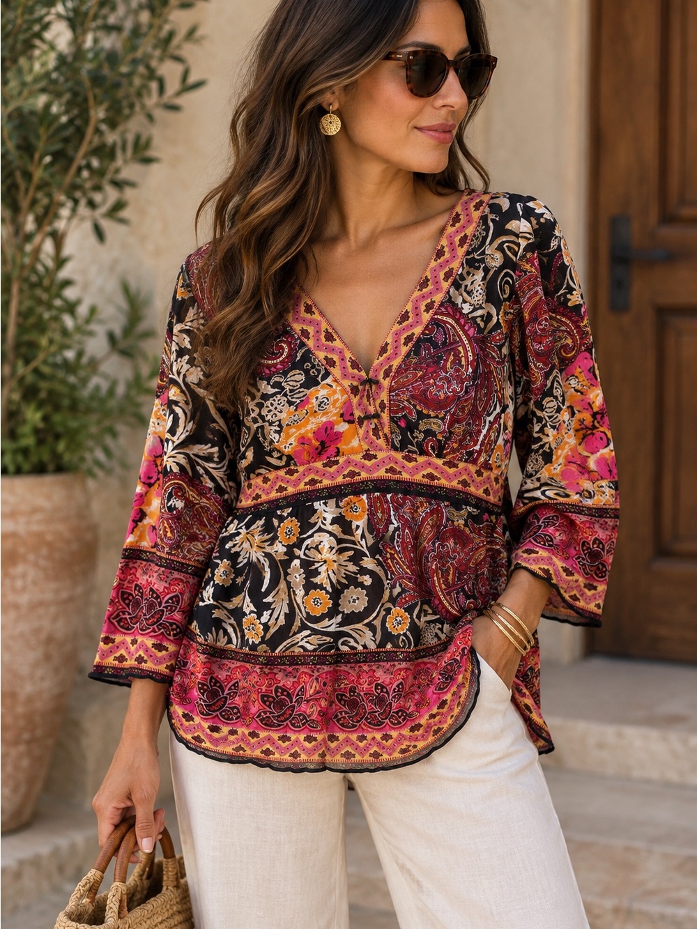V-Neck Boho Paisley Tunic Top in Black and Pink
